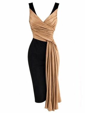 Beige Black Jersey Draped Cocktail Wiggle Pencil Dress UK 10 / EU 38 / US 6.